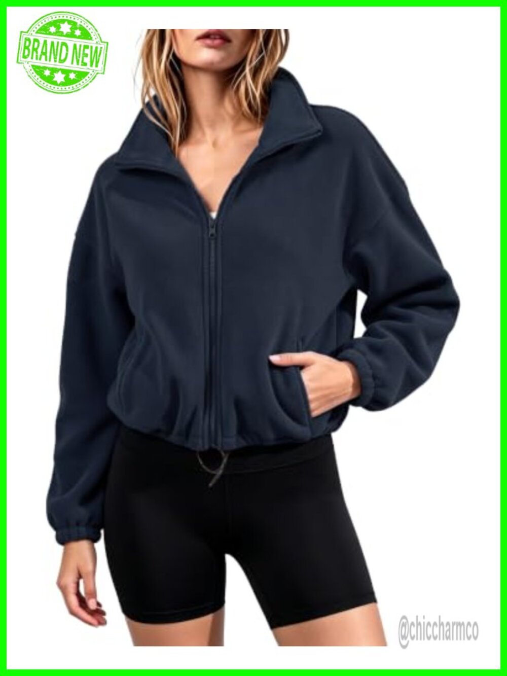 Women Fleece Short Jacket Full Zip Sherpa Crop Coat with Pocket